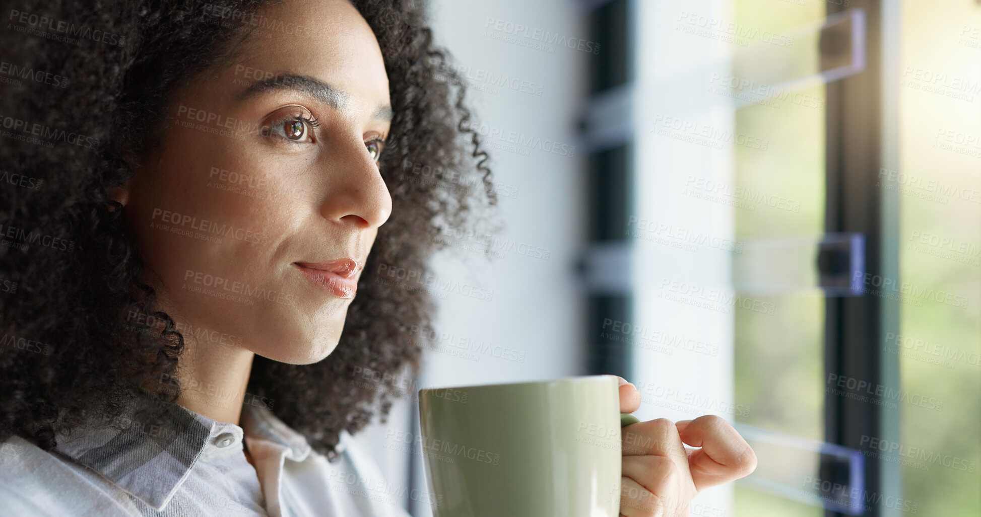 Buy stock photo Relax, window and woman with coffee, thinking and stress relief with happiness, home and wellness. Female person, lady and warm beverage with ideas, calm and curious with peace, view and apartment