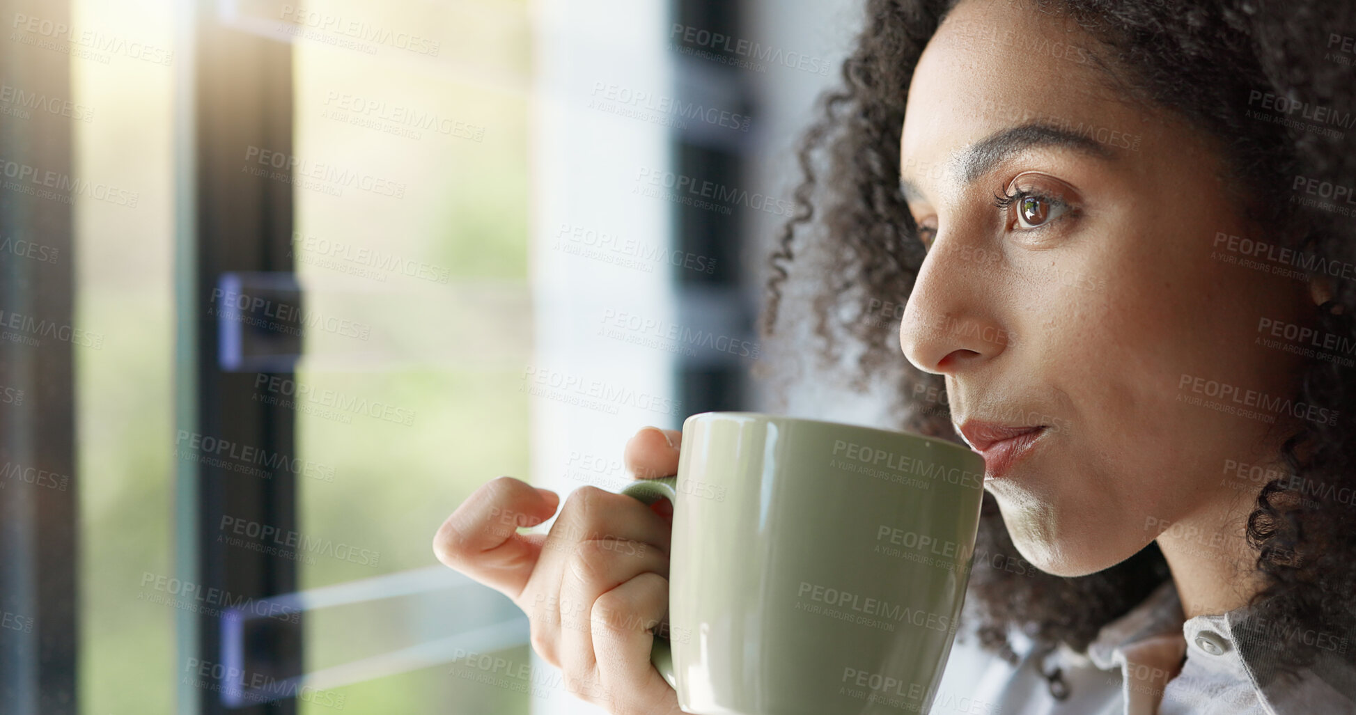 Buy stock photo Relax, window and woman with coffee, thinking and stress relief with happiness, home and wellness. Female person, lady and warm beverage with ideas, calm and curious with peace, view and apartment