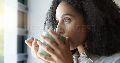 Buy stock photo Relax, window and woman with coffee, thinking and stress relief with happiness, home and wellness. Female person, lady and warm beverage with ideas, calm and curious with peace, view and apartment