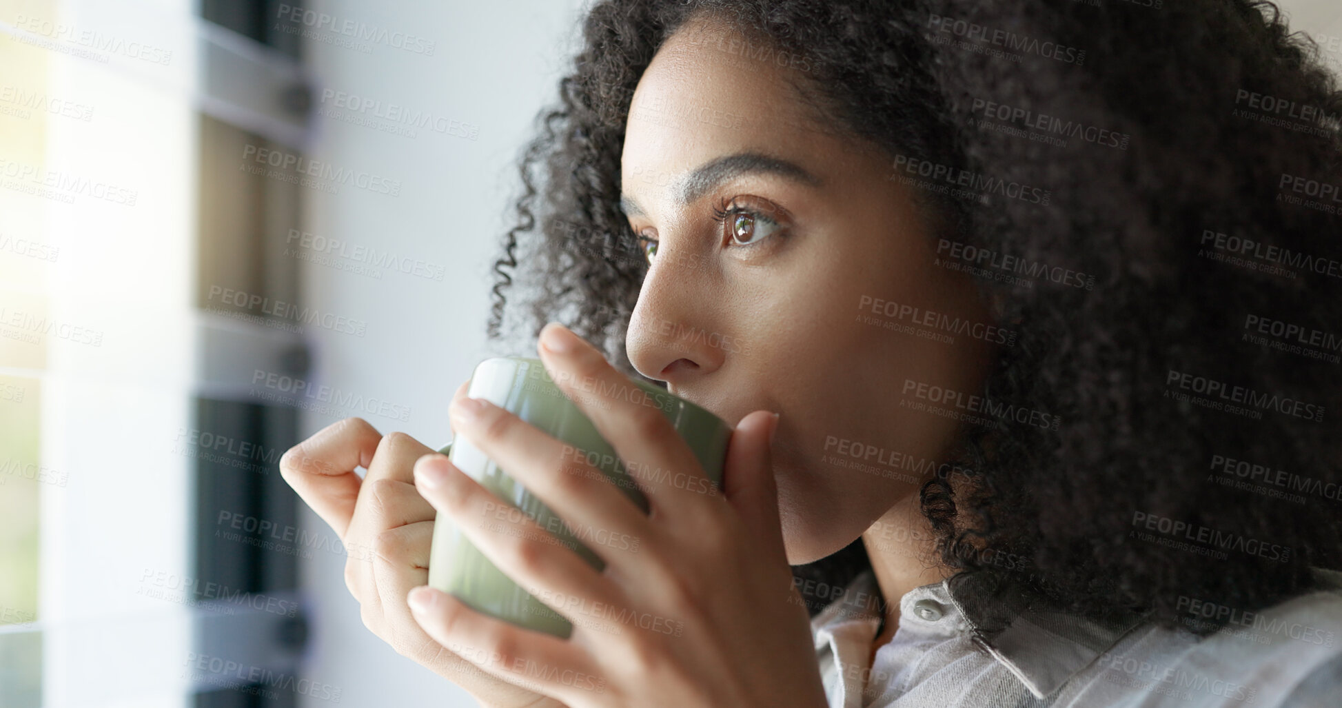 Buy stock photo Relax, window and woman with coffee, thinking and stress relief with happiness, home and wellness. Female person, lady and warm beverage with ideas, calm and curious with peace, view and apartment