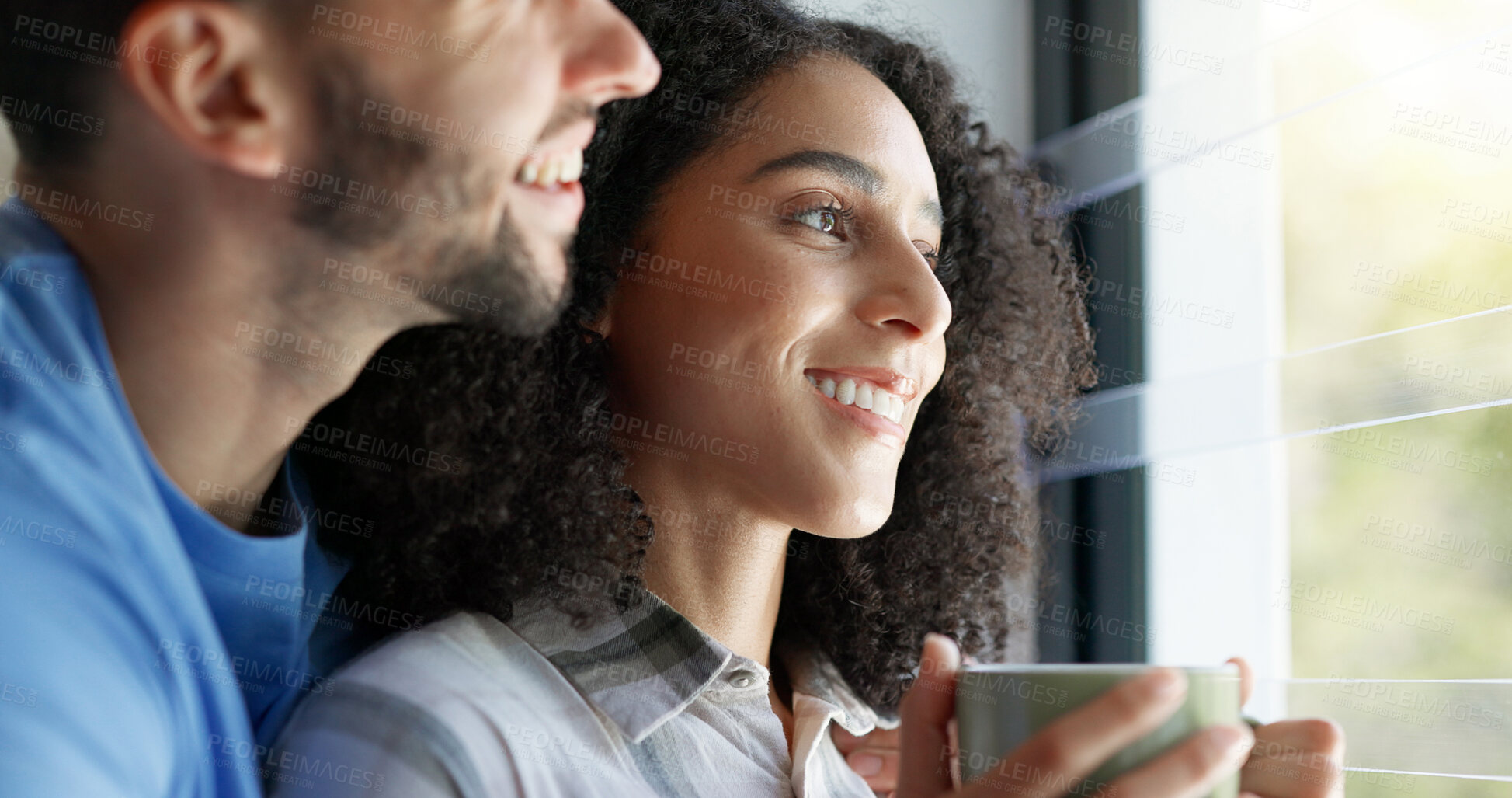 Buy stock photo Love, married people with hug and in their home together for bonding time. Support or commitment, romance or care and happy young couple cuddle for affection or embracing company in their house