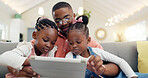 Internet, man with children and with tablet in living room of their home for social media. Technology or family, support or bonding time and black man with his kids together streaming a movie
