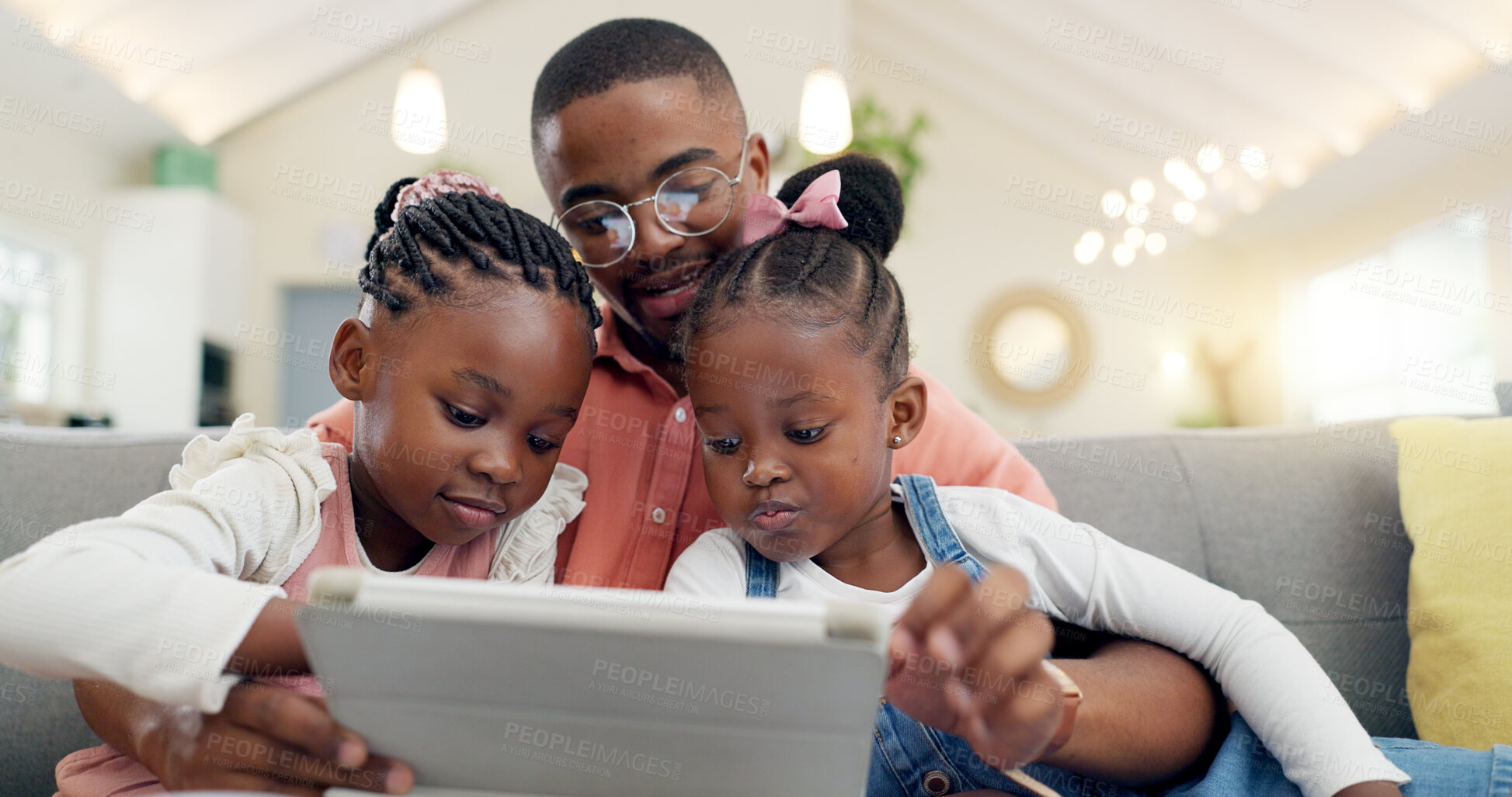 Buy stock photo Internet, man with children and with tablet in living room of their home for social media. Technology or family, support or bonding time and black man with his kids together streaming a movie