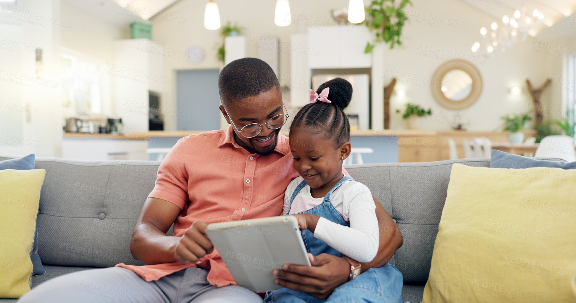 Buy stock photo Family, man with child and tablet on sofa living room of their home for social media. Technology or internet, connectivity or bonding time and black man with his daughter together playing a game