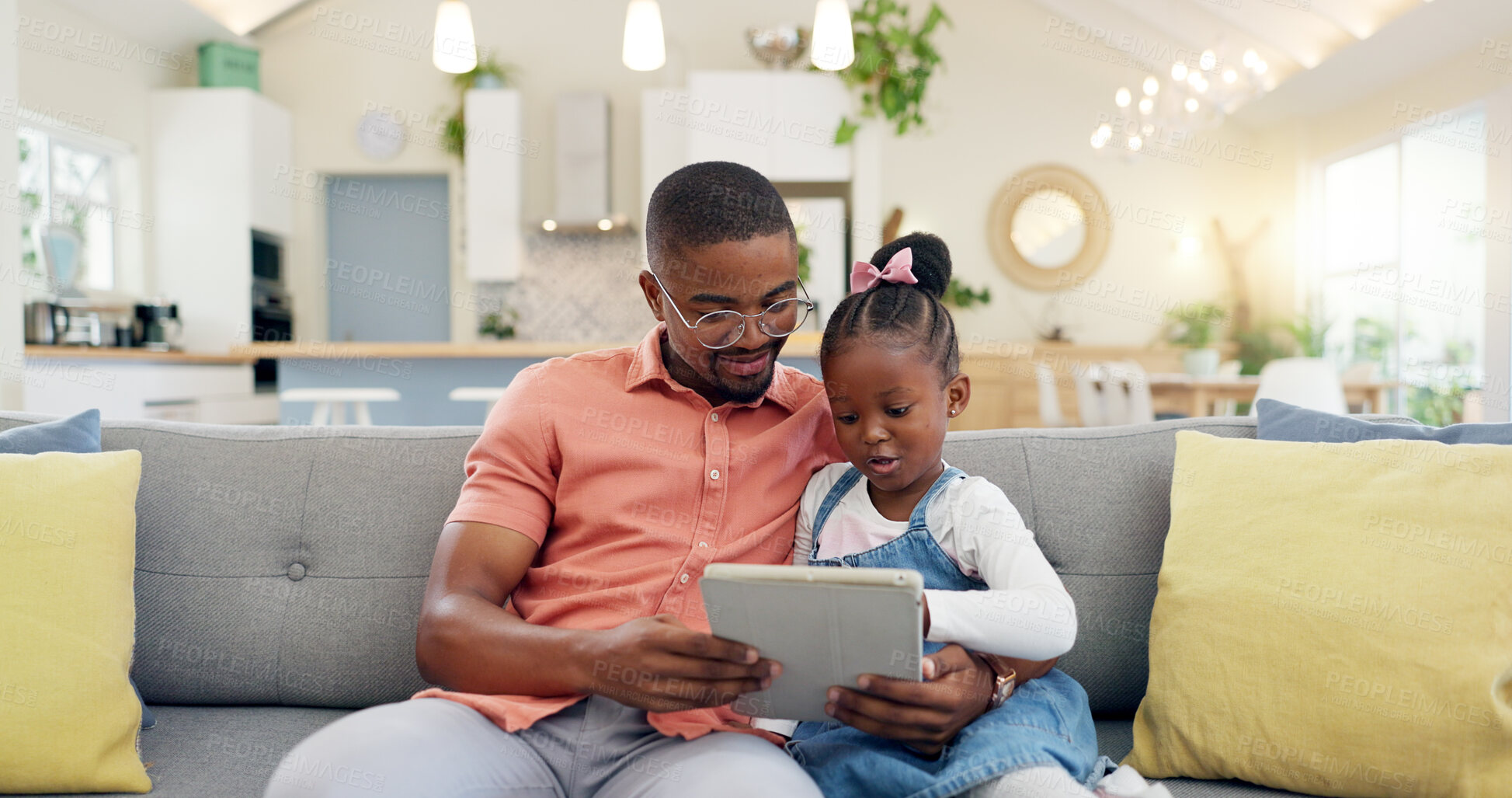 Buy stock photo Family, man with child and tablet on sofa living room of their home for social media. Technology or internet, connectivity or bonding time and black man with his daughter together playing a game