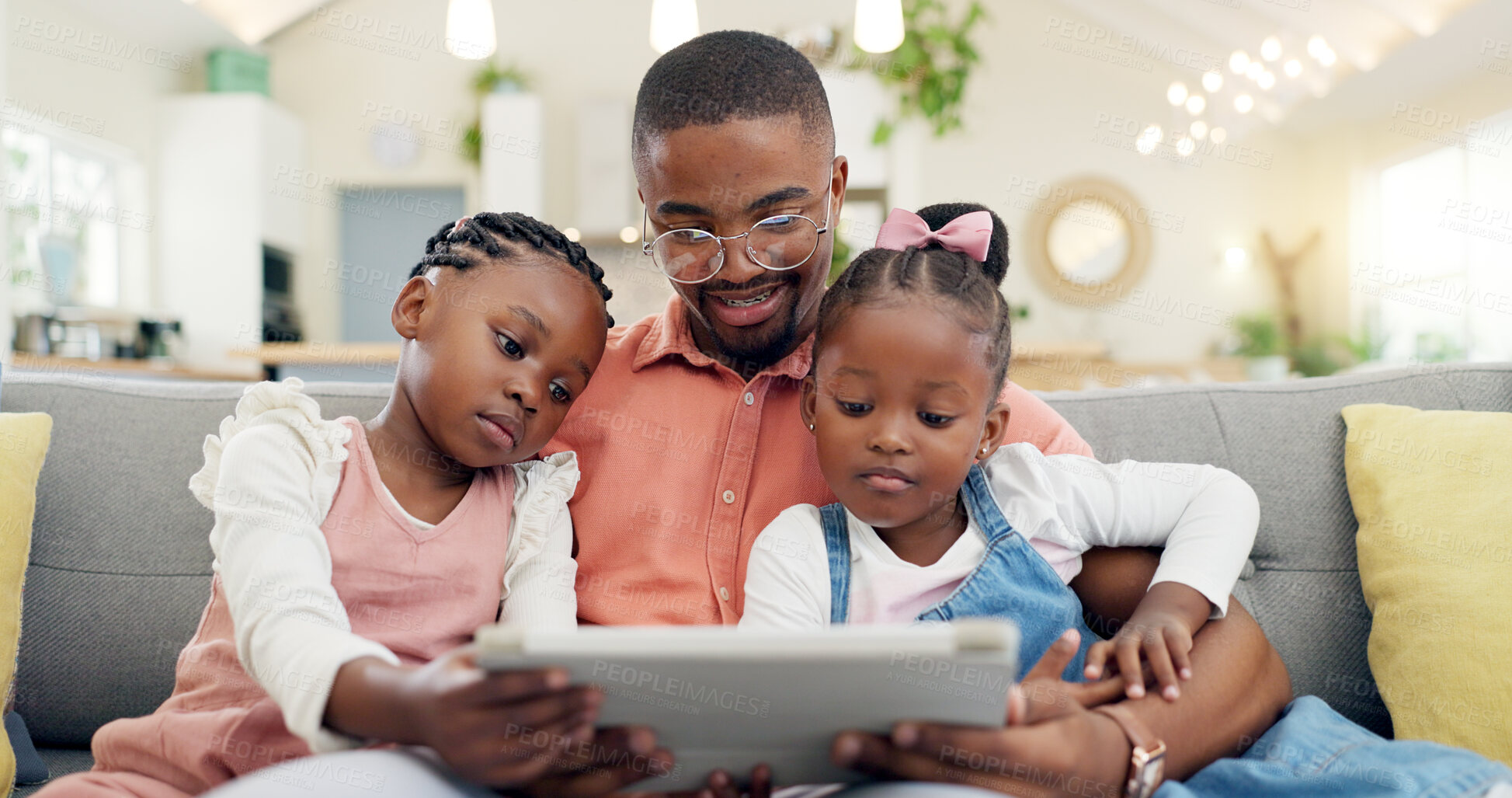 Buy stock photo Family, man with children and with tablet in living room of their home for social media. Technology or internet, connectivity or bonding time and black man with his kids together streaming a movie