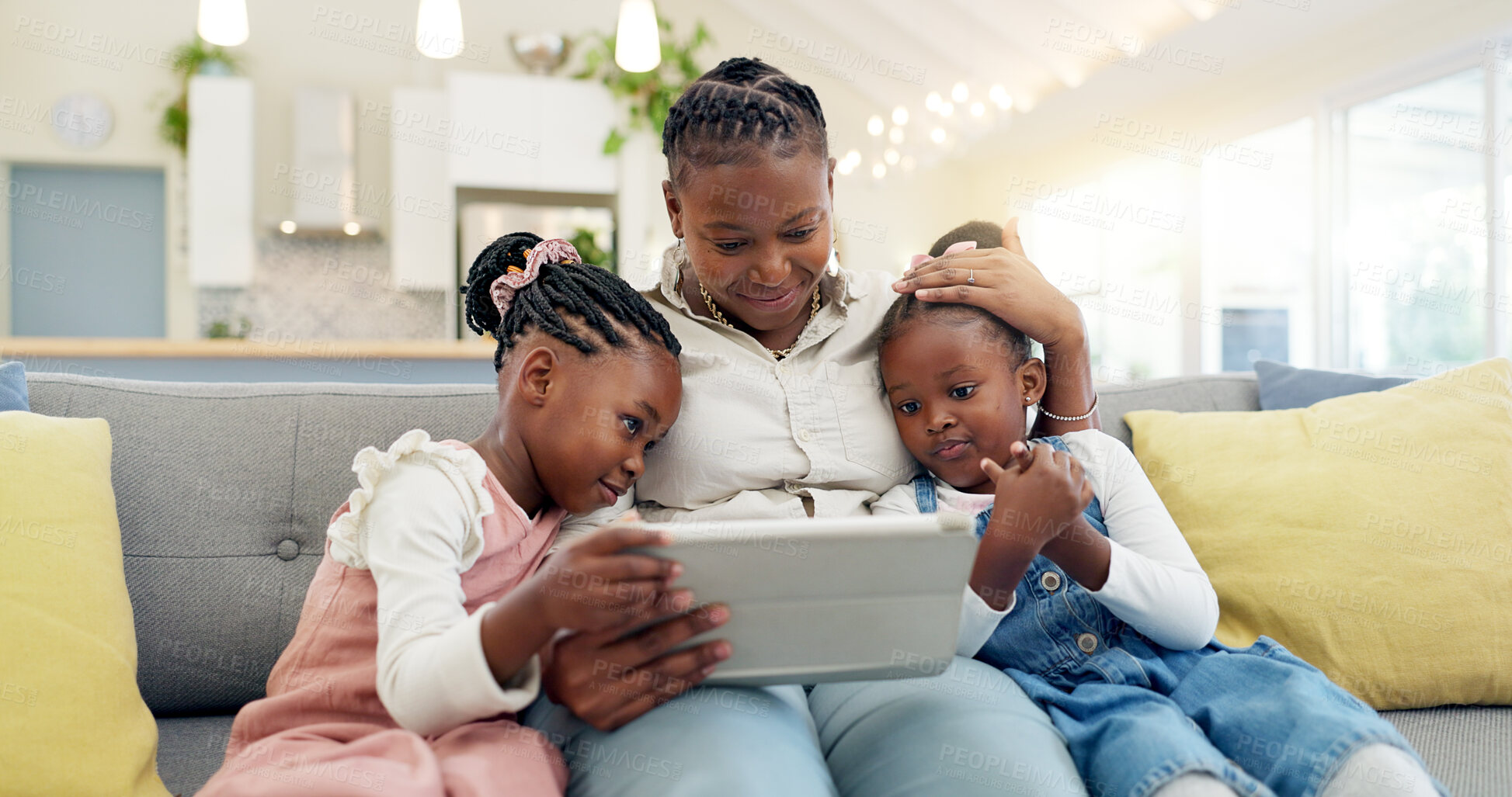 Buy stock photo Happy, mother with her child and tablet on sofa in living room of their home together. Technology or connectivity, happiness or kissing and black family on couch streaming a movie in their house