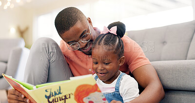 Reading, father and story with girl for learning in lounge for education or quality time. Kid, books and parent for support on floor or fun with growth for childhood at house with happy family.