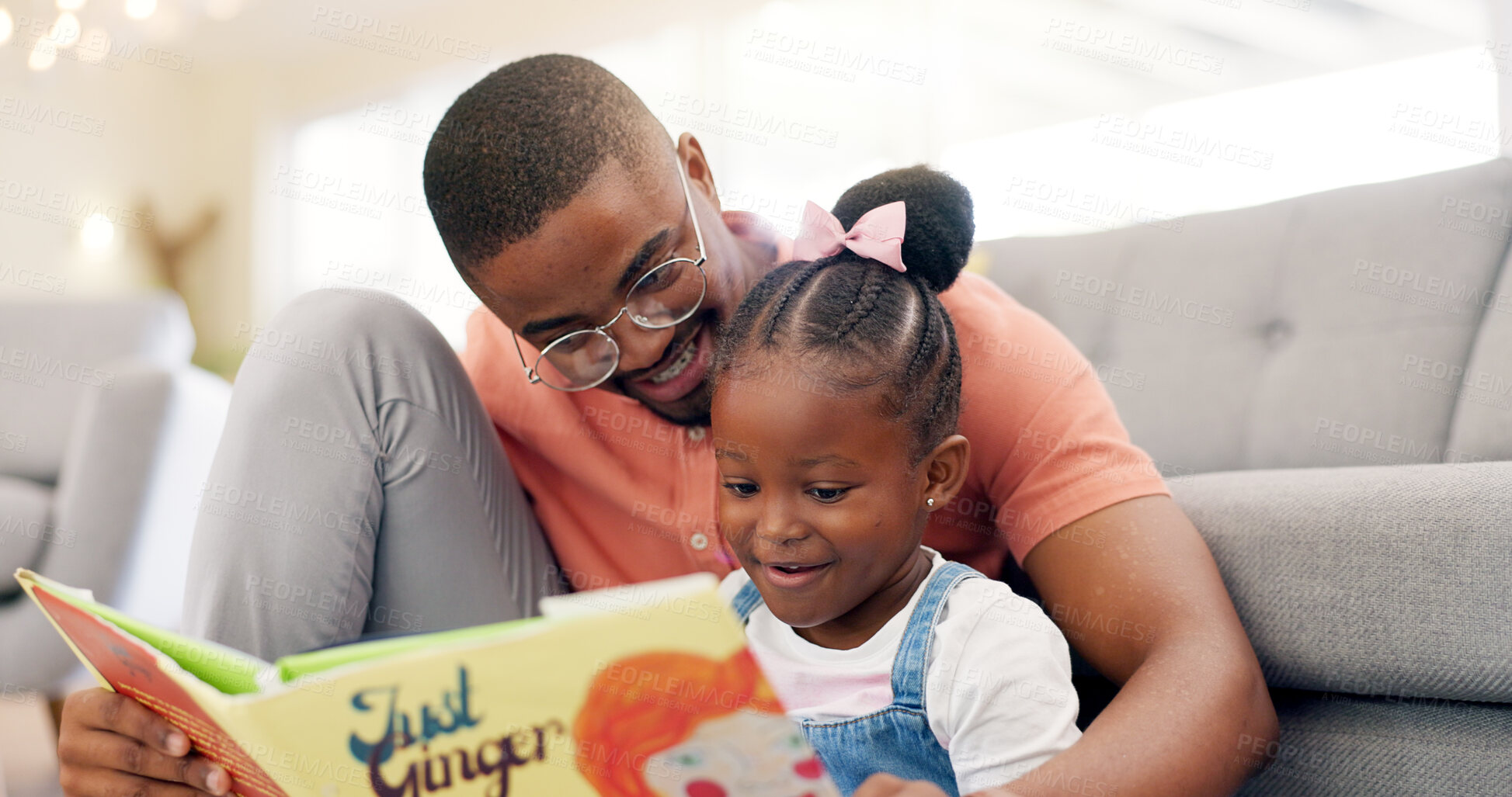 Buy stock photo Reading, father and story with girl for learning in lounge for education or quality time. Kid, books and parent for support on floor or fun with growth for childhood at house with happy family.