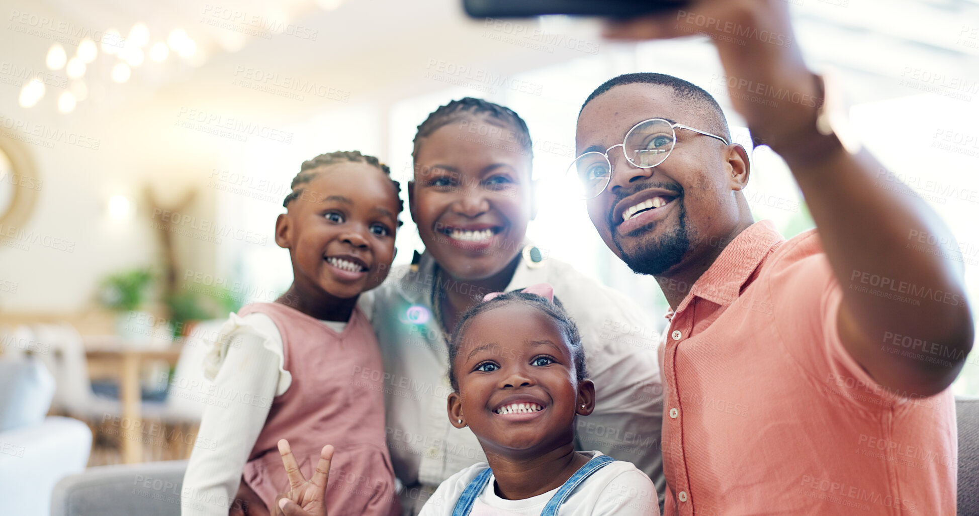 Buy stock photo Black family, selfie and memory with parents and children at home, love and bonding, happy and social media. Live streaming, happiness and portrait, together and people smile in picture for post