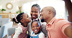 Black family, selfie and memory with parents and children at home, love and bonding, happy and social media. Live streaming, happiness and portrait, together and people smile in picture for post