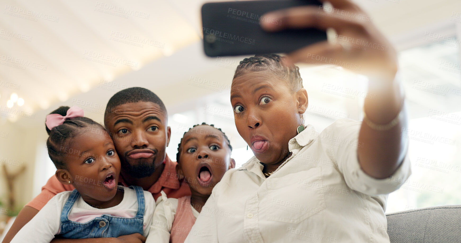 Buy stock photo Black family, selfie and funny face, parents and kids at home, fun and bonding with memory for social media. Live streaming, playful and portrait, people with goofy expression in picture for post