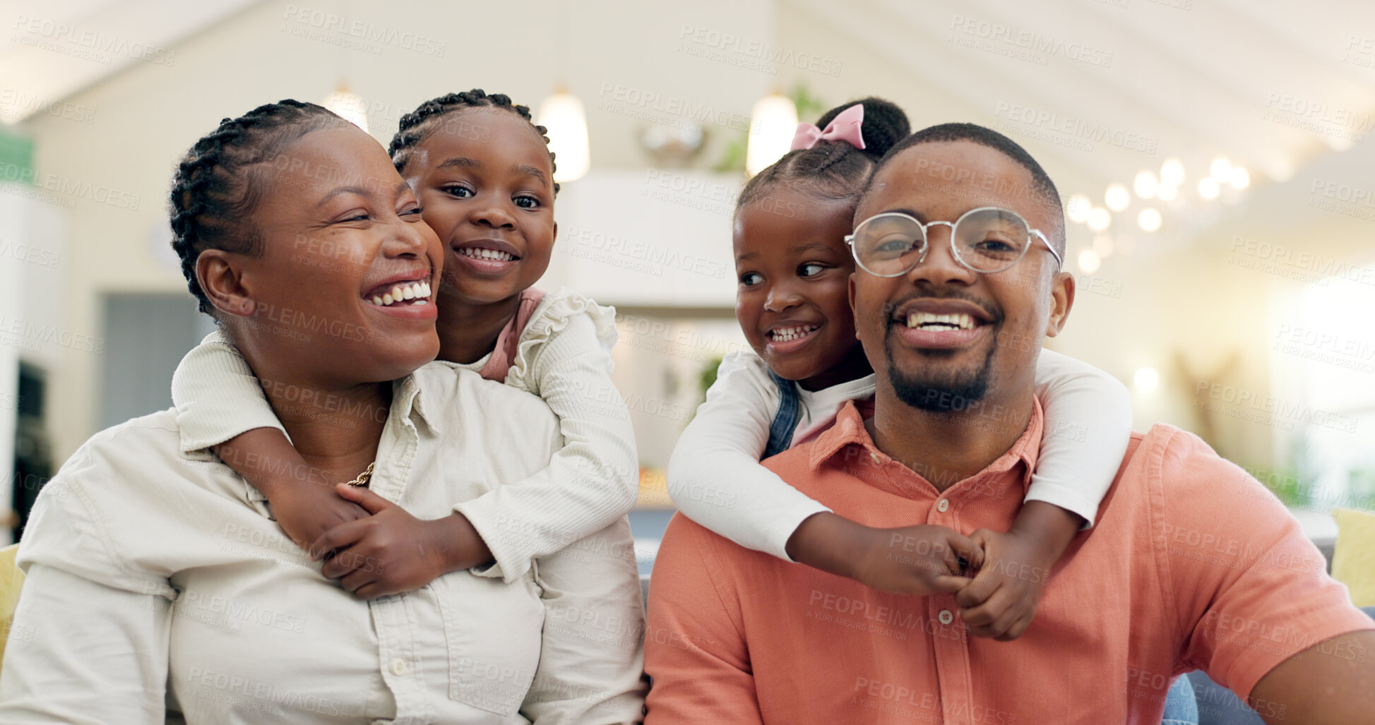 Buy stock photo Black family, face and happy with parents and children at home, love and bonding with hug and spending time together. Man, woman and girl kids, happiness and portrait and people smile in living room