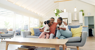 Support, black family on sofa and in living room of their home happy together smiling. Support or care, happiness or bonding time and African people cuddle on couch in their house for positivity