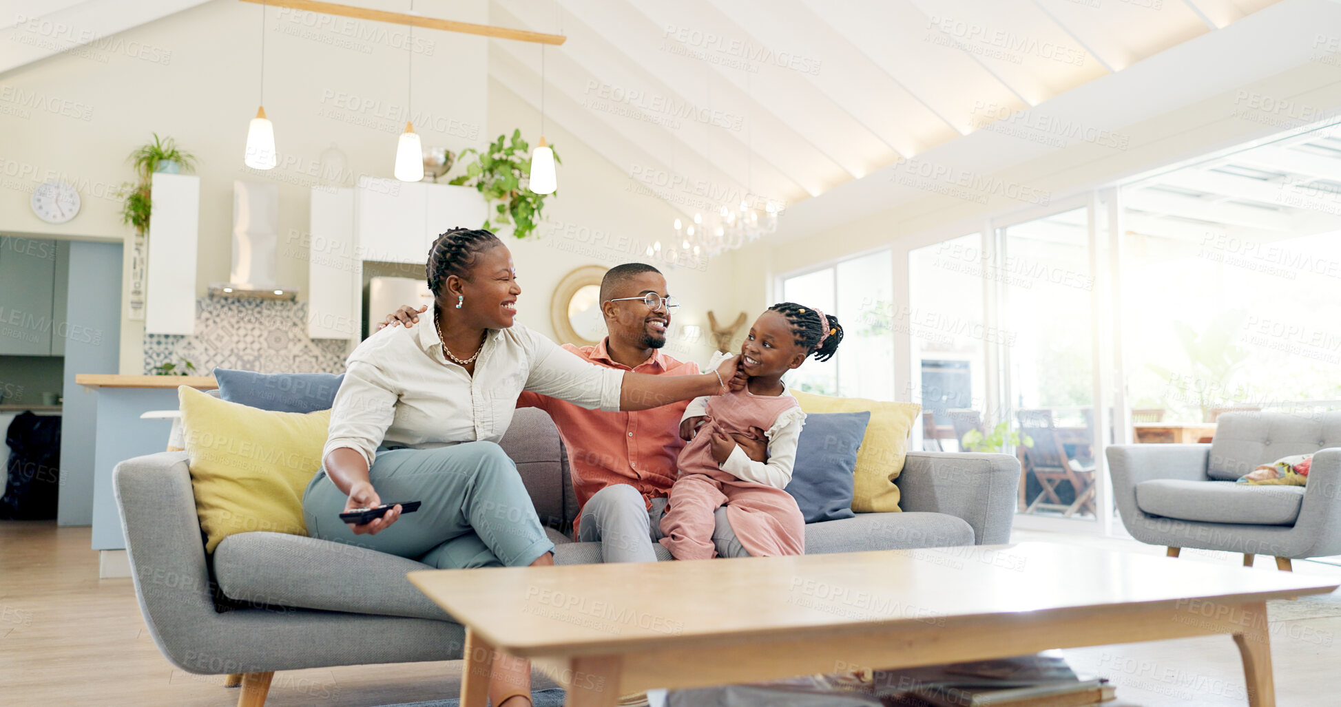 Buy stock photo Support, black family on sofa and in living room of their home happy together smiling. Support or care, happiness or bonding time and African people cuddle on couch in their house for positivity