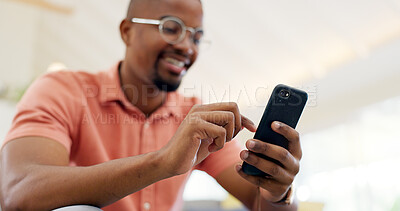 Hands, typing and a black man with a phone on the sofa for social media, connection or communication. Smile, relax and an African person with a mobile for an app, email or notification in a house