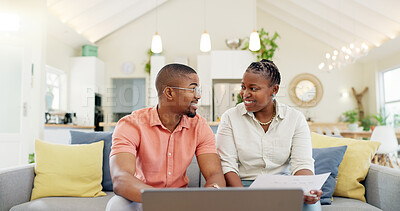 Finance, budget and couple with laptop on sofa with bills, paperwork and life insurance documents. Financial planning, mortgage and black man and woman on computer for pension, payment or investment