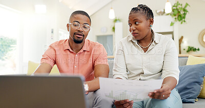 Finance, documents and couple with laptop on sofa with bills, paperwork and insurance budget. Financial planning, mortgage and black man and woman on computer for pension, tax payment or investment