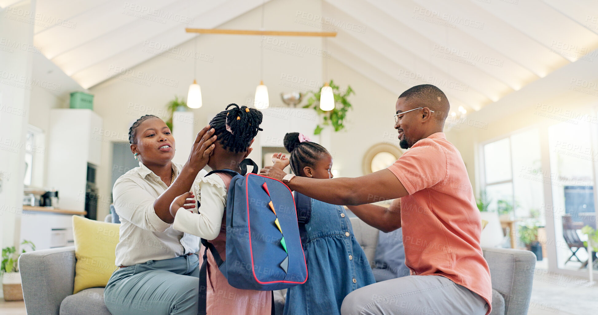 Buy stock photo Black family, education and children with backpack for school, kindergarten and high five from dad for support and motivation. Kids, students and parents helping to get ready, say goodbye and leave