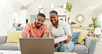 Technology, married couple celebrating and laptop on a sofa in living room of their home. Social media or online communication, success or high five and black people together happy for connectivity