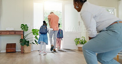Black family, mother and wave at kids going to school with love, care or affection. Goodbye, parents and girls leaving house for kindergarten, learning or education in the morning with father in home