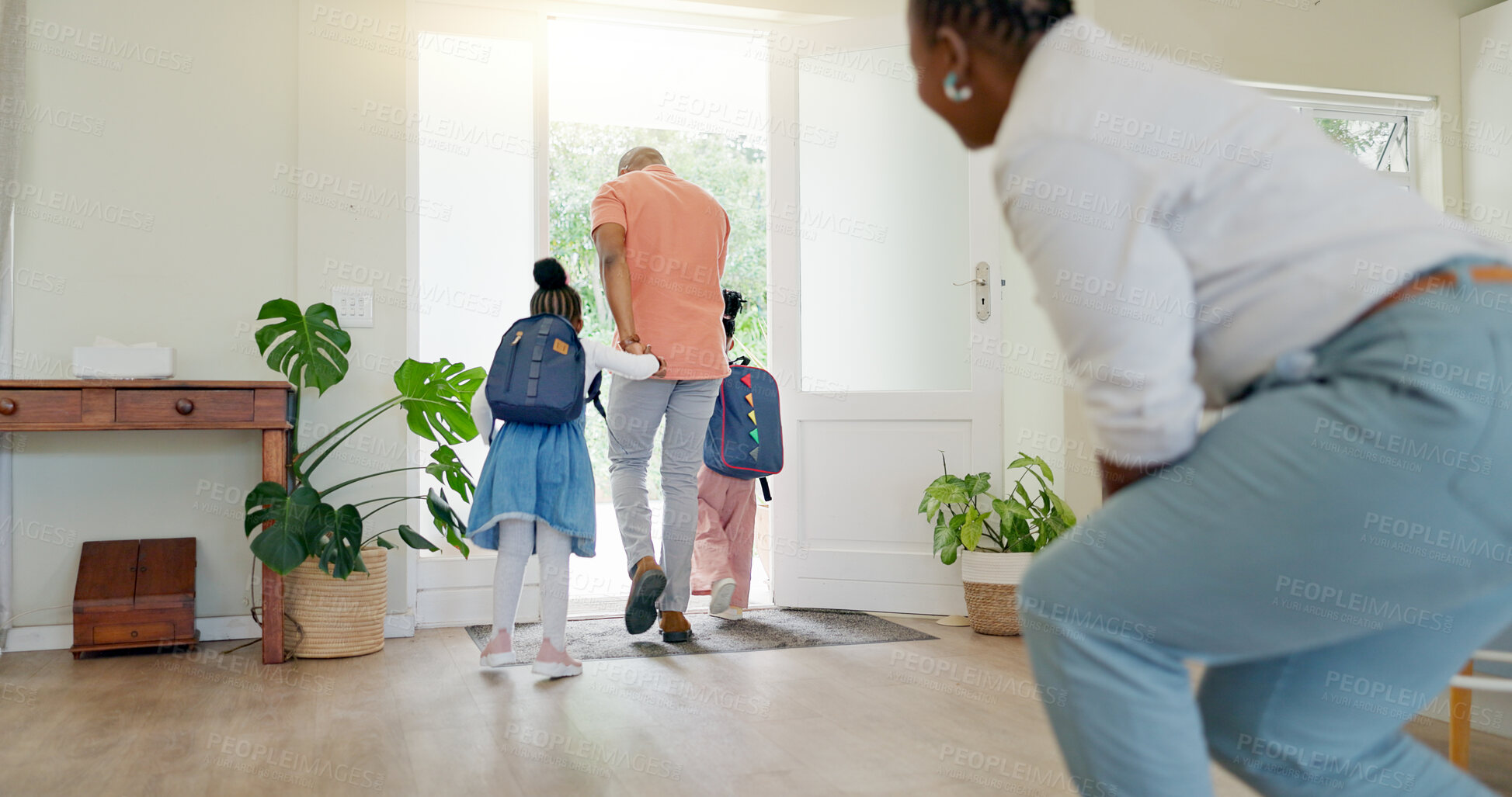 Buy stock photo Black family, mother and wave at kids going to school with love, care or affection. Goodbye, parents and girls leaving house for kindergarten, learning or education in the morning with father in home