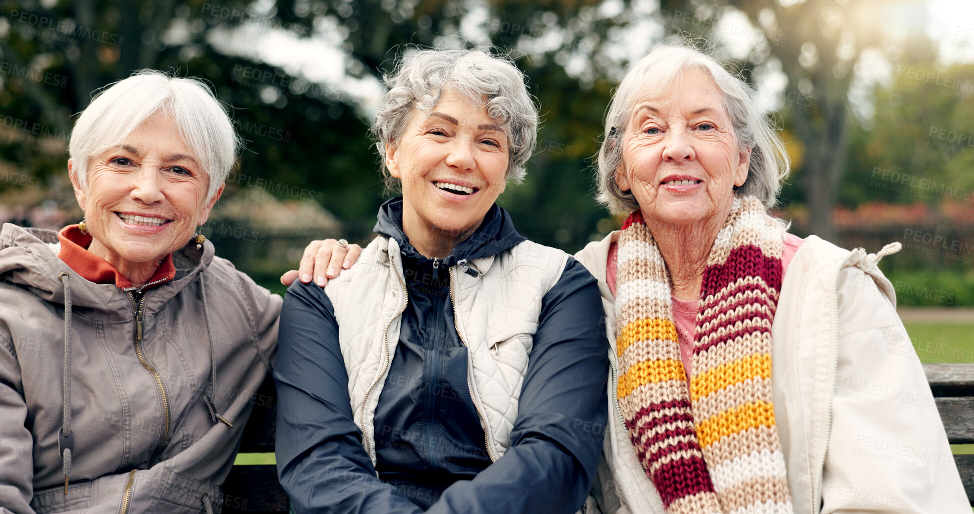 Buy stock photo Senior, women and friends laugh in park with face and retirement smile in a garden. Nature, portrait and hug with elderly female people on vacation in woods feeling happy from bonding and freedom