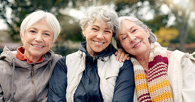 Senior, women and friends face in park with bonding and retirement smile in a garden. Nature, portrait and hug with elderly female people on vacation in woods feeling happy from bonding and freedom