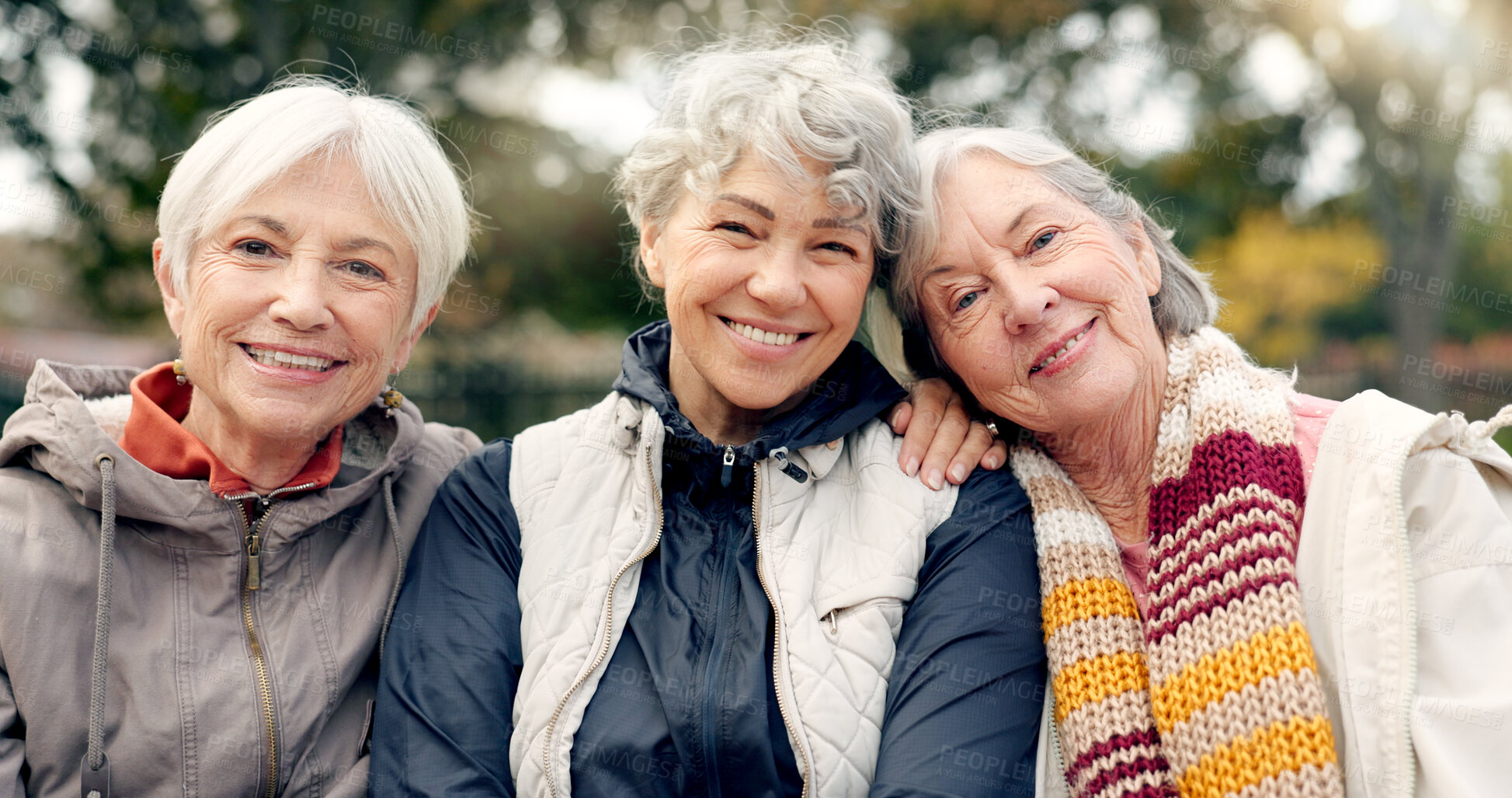 Buy stock photo Senior, women and friends face in park with bonding and retirement smile in a garden. Nature, portrait and hug with elderly female people on vacation in woods feeling happy from bonding and freedom