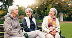 Senior, women and friends pointing in park with view and retirement smile in a garden. Nature, holiday and conversation with elderly female people on vacation feeling happy from bonding and freedom