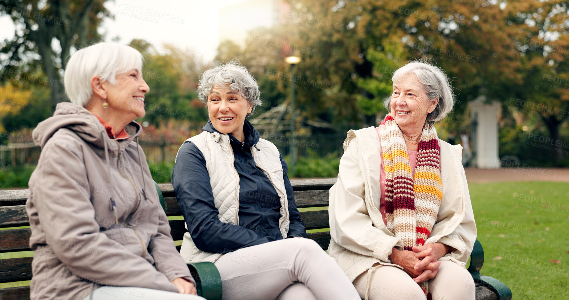 Buy stock photo Senior, women and friends pointing in park with view and retirement smile in a garden. Nature, holiday and conversation with elderly female people on vacation feeling happy from bonding and freedom