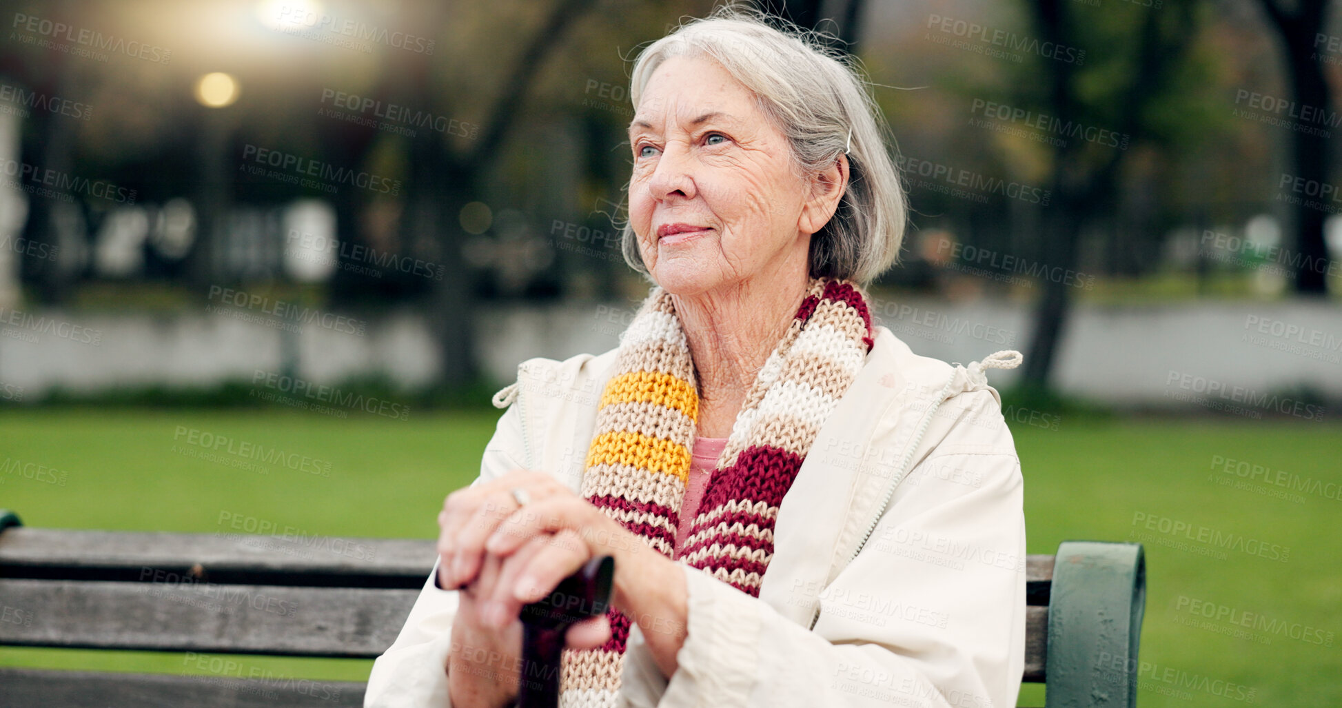 Buy stock photo Relax, thinking and a senior woman at the park for summer, ideas or retirement vision. Smile, remember and an elderly person on a bench in nature with inspiration, memory or outdoor reflection