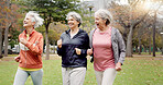 Senior women, walking and friends with fitness, wellness and workout for health in retirement. Park, exercise and elderly female group with motivation and power walk for cardio outdoor together