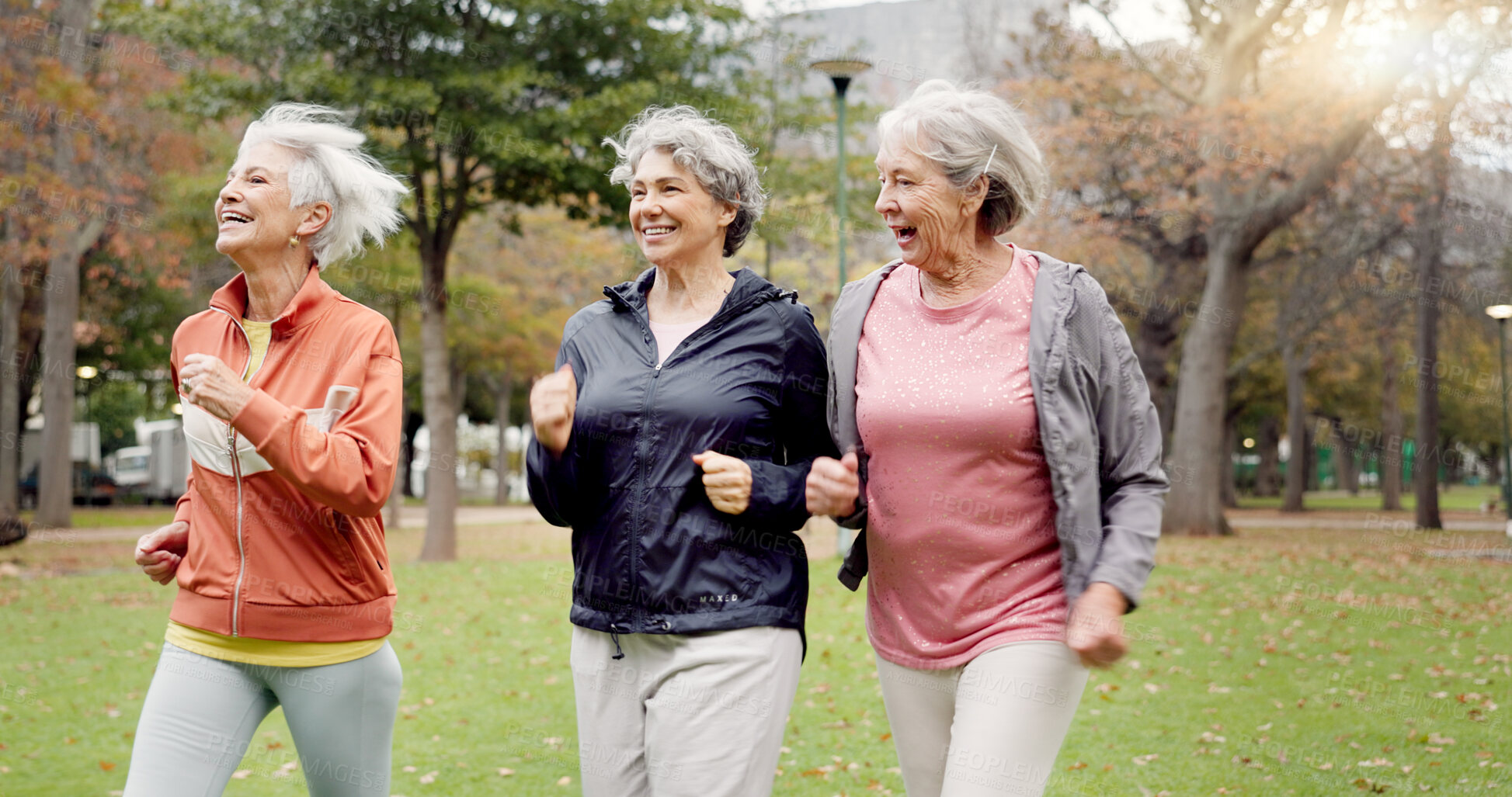 Buy stock photo Senior women, walking and friends with fitness, wellness and workout for health in retirement. Park, exercise and elderly female group with motivation and power walk for cardio outdoor together