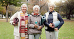 Old women, friends and yoga in the park, fitness and smile in portrait, health and retirement together. Female people in nature, exercise mat and pilates class with pension, community and wellness