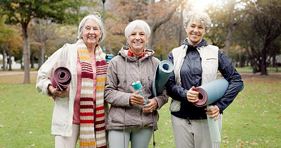 Old women, friends and yoga in the park, fitness and smile in portrait, health and retirement together. Female people in nature, exercise mat and pilates class with pension, community and wellness