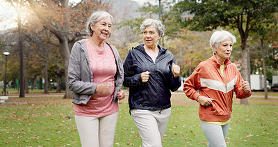 Senior women, walking and friends with fitness, wellness and workout for health in retirement. Park, exercise and elderly female group with motivation and power walk for cardio outdoor together