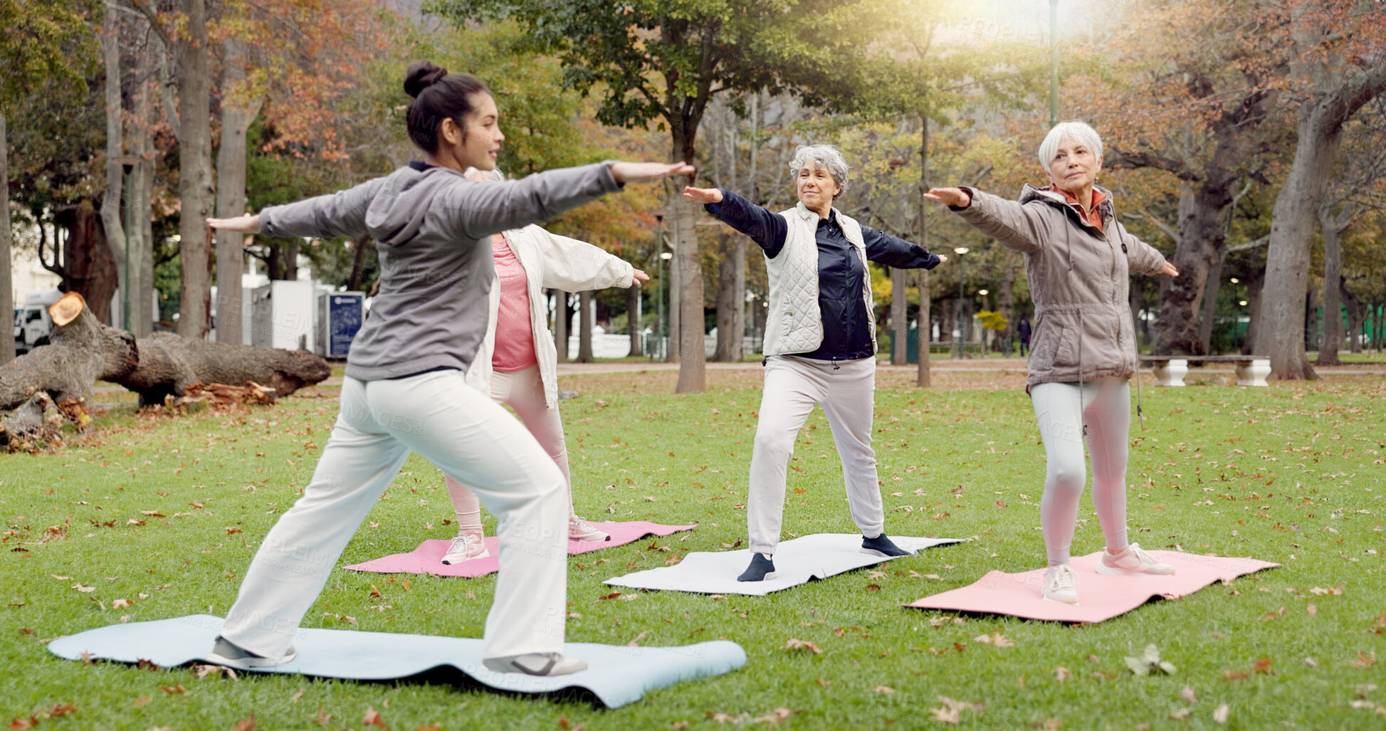 Buy stock photo Trainer, park and old women stretching, yoga and fitness for wellness, exercise and pilates training. Female people, senior club and group outdoor, meditation and workout with health and retirement