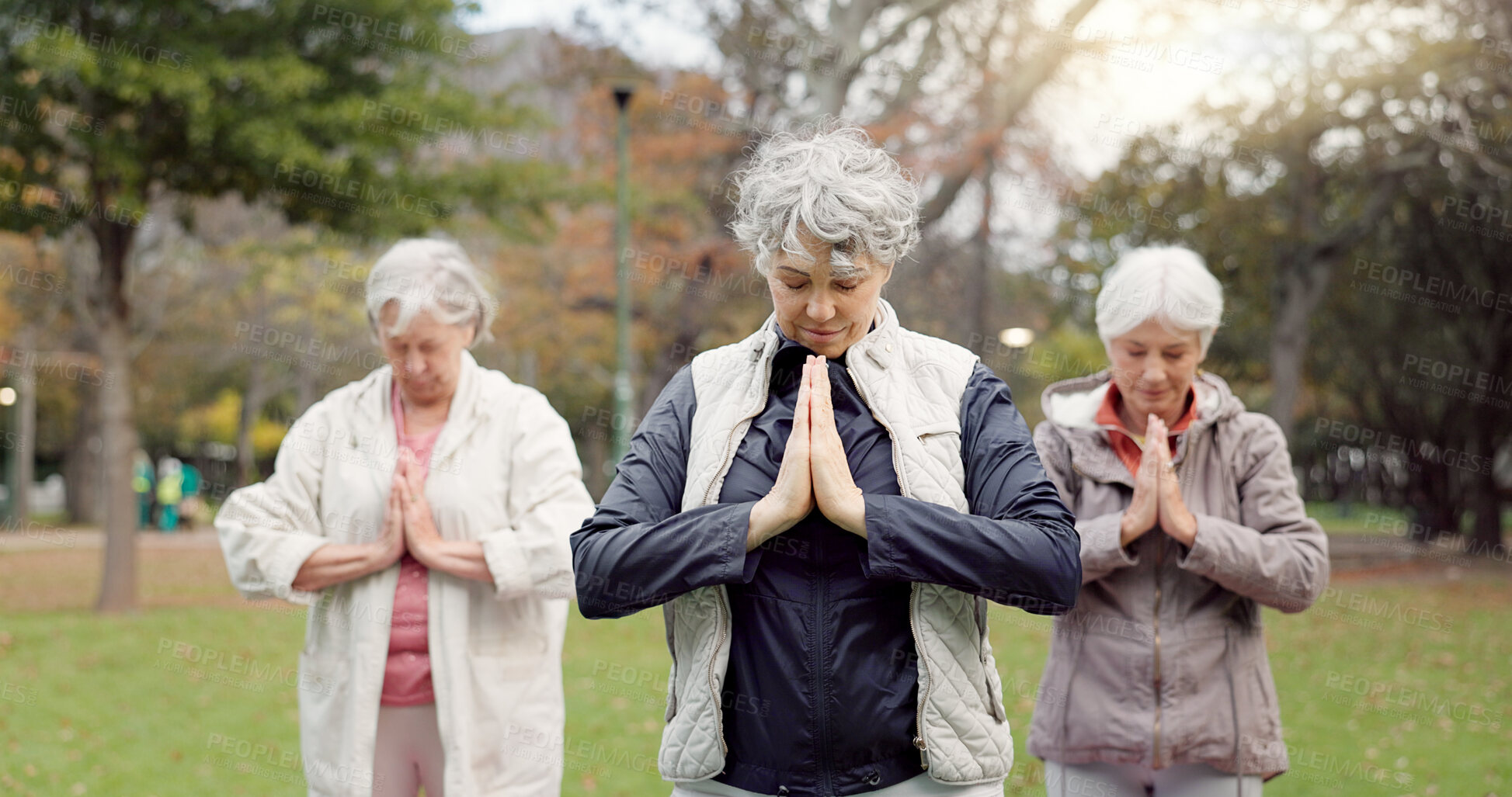 Buy stock photo Health, park and elderly women stretching, yoga and exercise for wellness, retirement and pilates training. Female people, senior club or group outdoor, meditation and workout with self care or peace