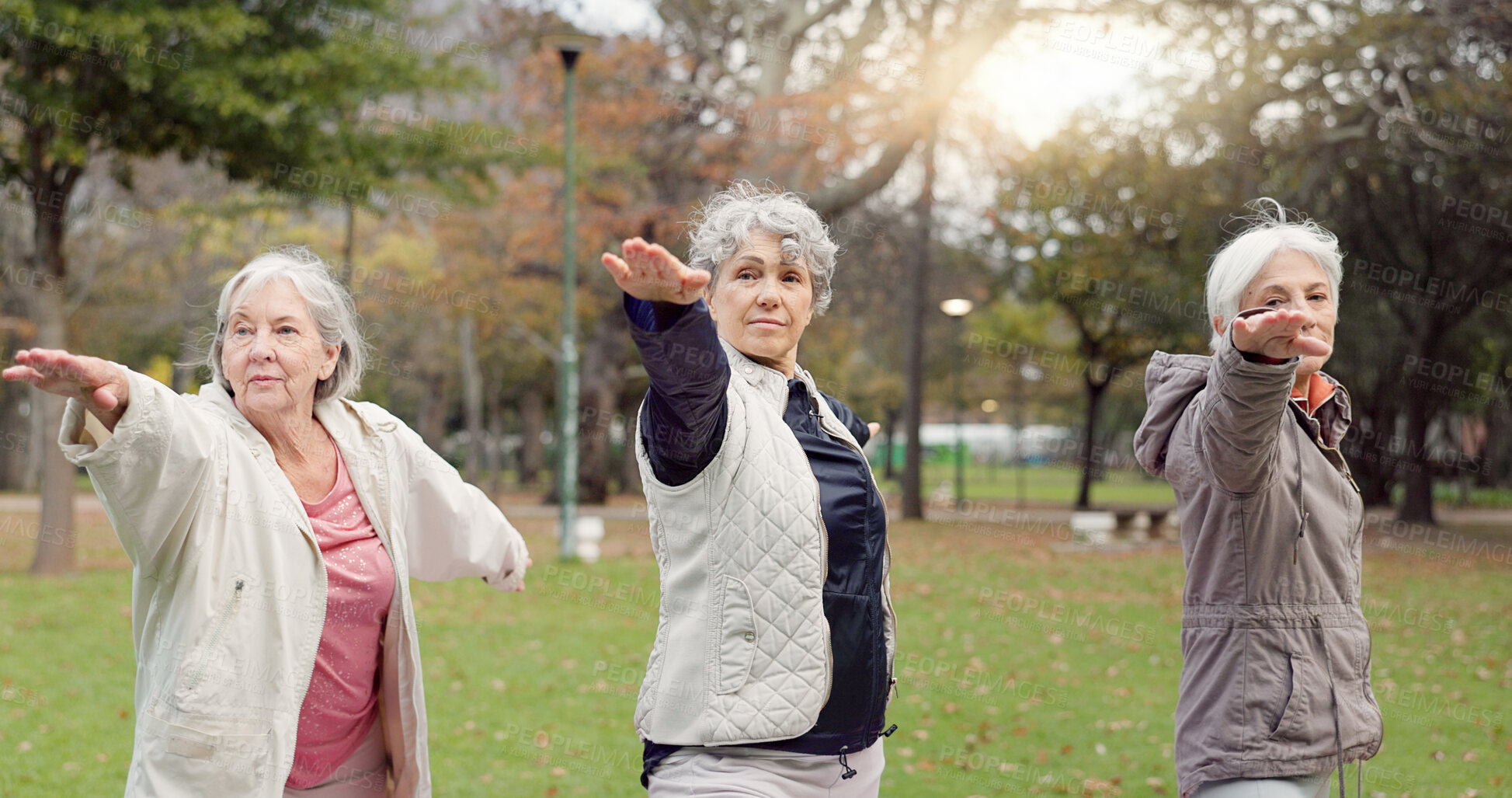 Buy stock photo Trainer, park and elderly women stretching, yoga and fitness for wellness, exercise and retirement. Female people, senior club and group outdoor, meditation and workout with progress and self care