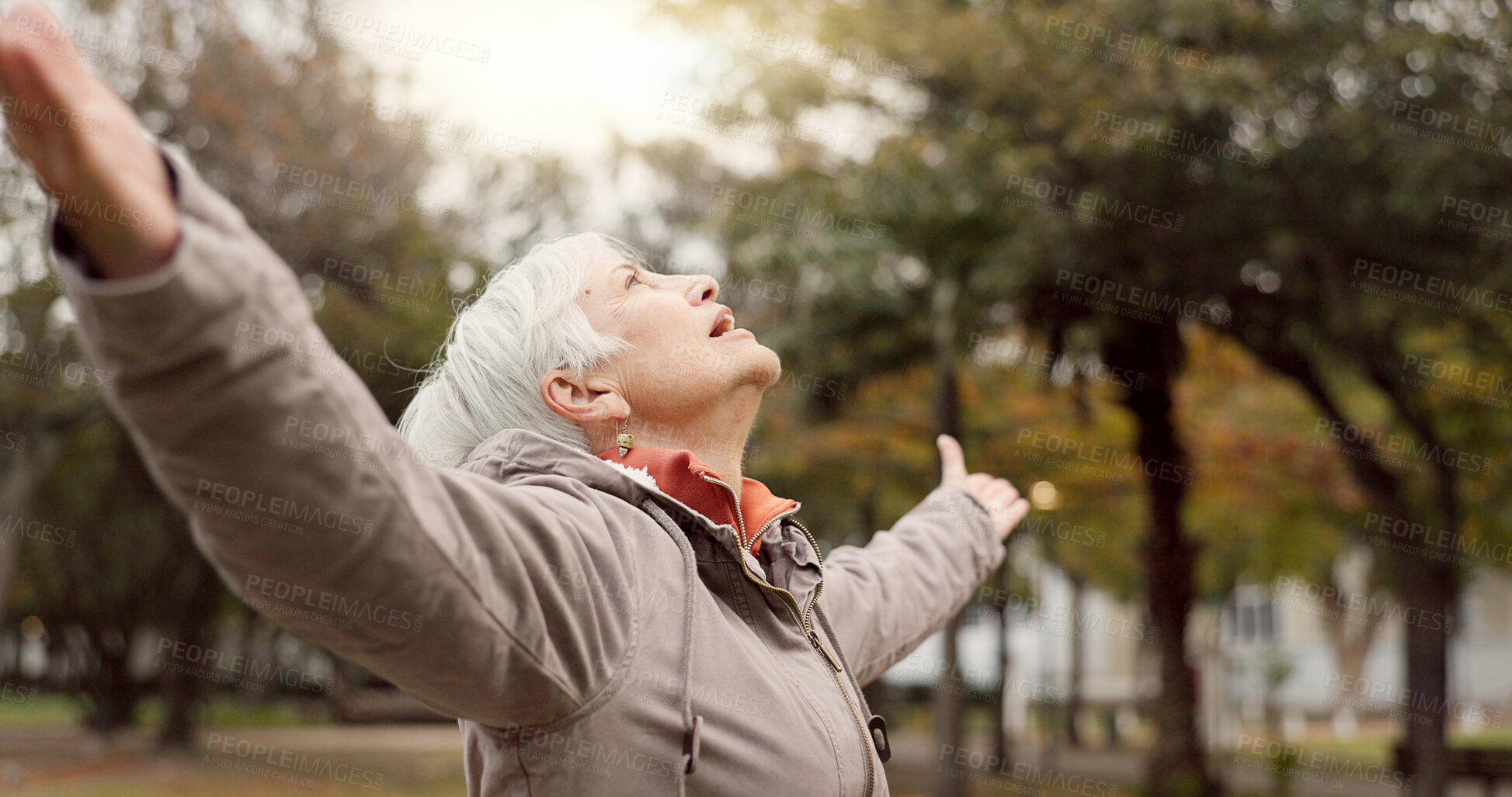 Buy stock photo Freedom, nature and elderly woman breathing on vacation, holiday journey and winter travel. Park, fresh air and senior person outdoor for peace, calm and celebration for health, wellness and relax.