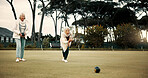 Bowls, focus and celebration with senior woman friends outdoor, cheering together during a game. Motivation, support or competition and elderly people cheering while having fun with a leisure hobby