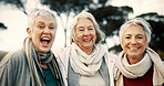 Comic, laughing and senior woman friends outdoor in a park together for bonding during retirement. Portrait, smile and funny with a group of elderly people chatting in a garden for humor or fun