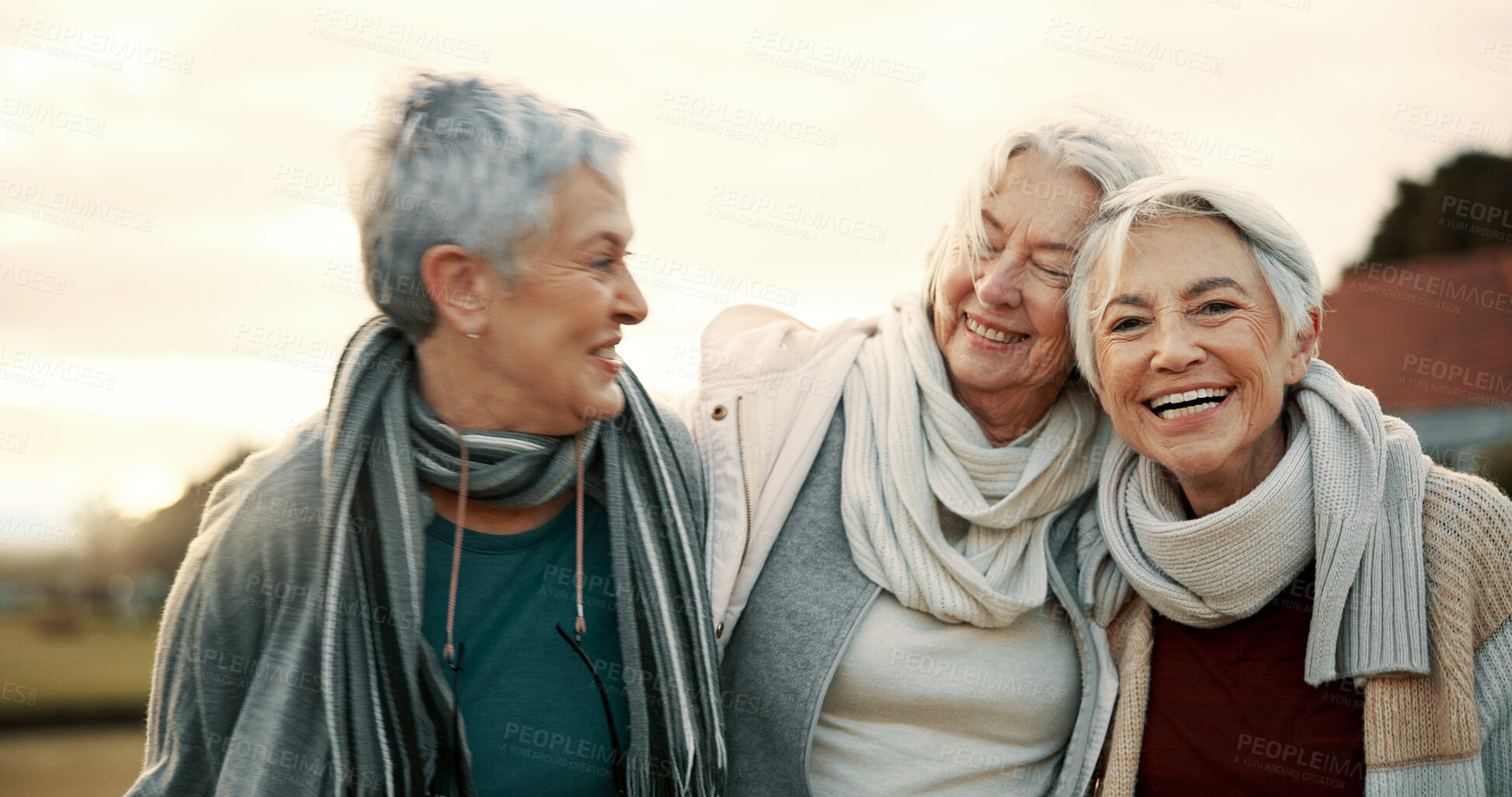 Buy stock photo Comedy, laughing and senior woman friends outdoor in a park together for bonding during retirement. Portrait, smile and funny with a happy group of elderly people bonding in a garden for humor or fun