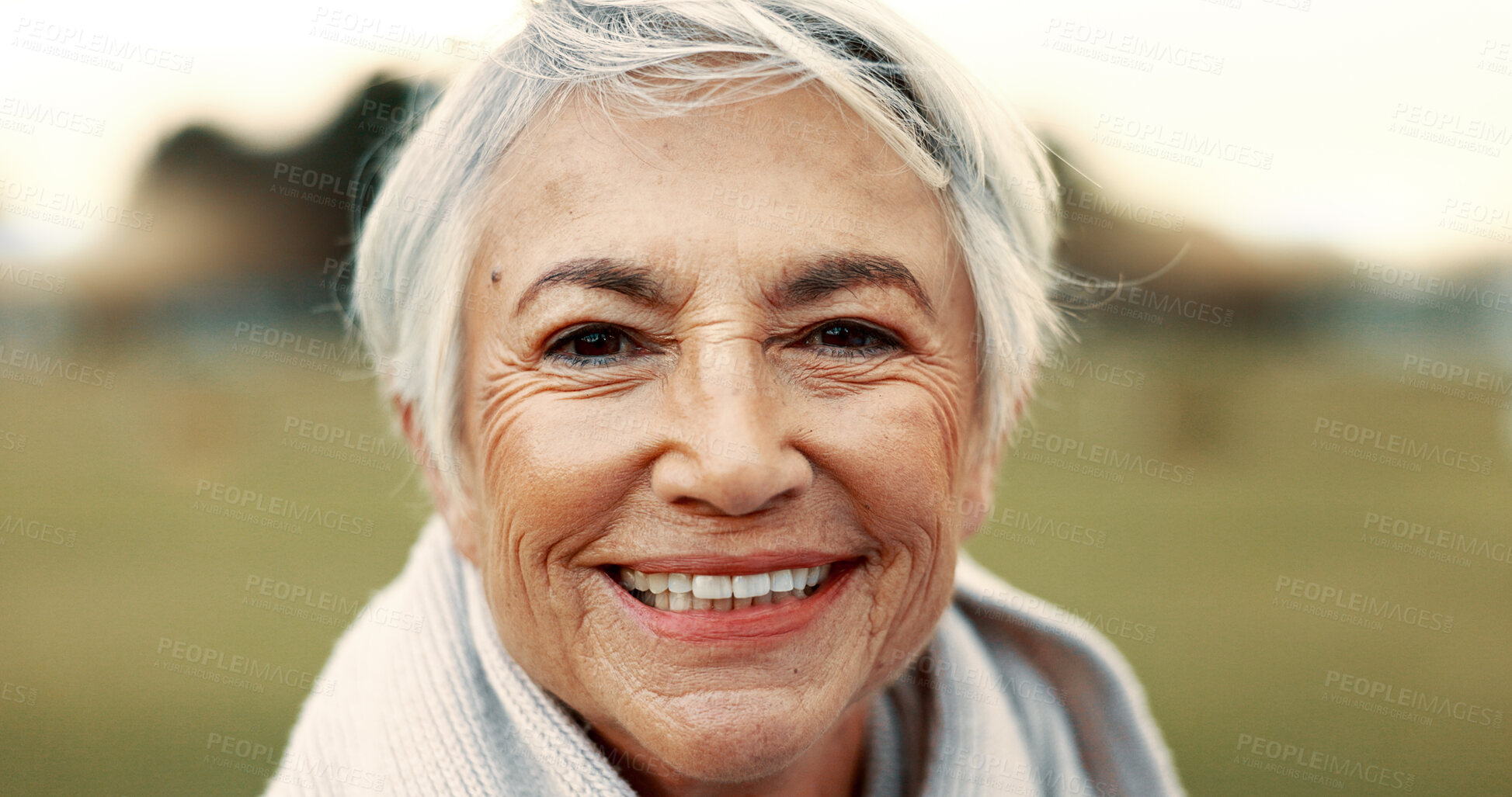 Buy stock photo Face, senior woman and smile in nature on vacation, holiday or travel in winter. Portrait, happy and elderly person in the countryside, park or garden for wellness, freedom or retirement in Canada