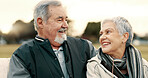 Face, love and smile with a senior couple outdoor in a park together for a romantic date during retirement. Portrait, happy or care with an elderly man and woman bonding in a garden for romance