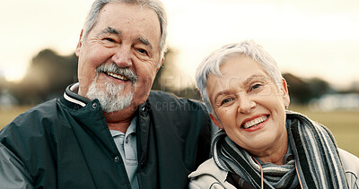 Face, smile and happy with a senior couple outdoor in a park together for a romantic date during retirement. Portrait, love or care with an elderly man and woman bonding in a garden for romance