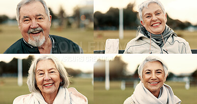 Collage, sports field and portrait of senior people faces as fans at a match and happy for competition and confident. Happiness, smile and positive elderly group laughing at outdoor on retirement