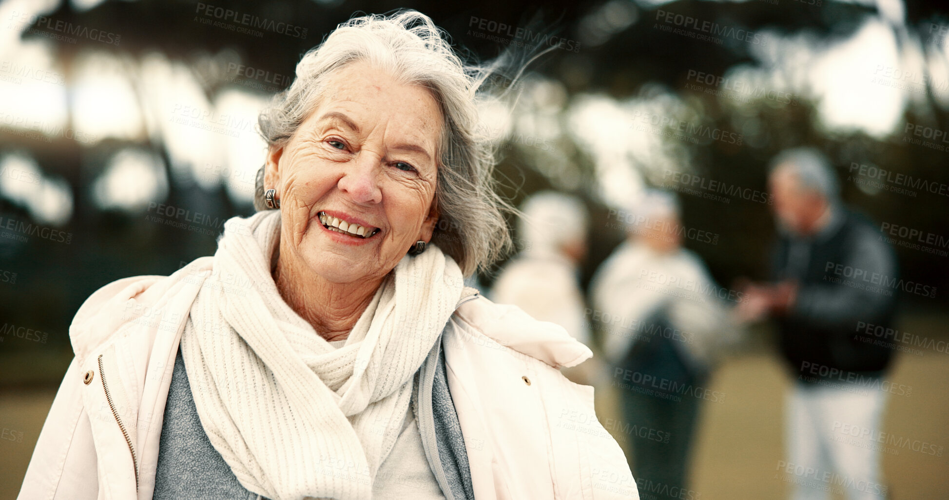 Buy stock photo Face, senior woman and funny at park on vacation, holiday or travel in winter. Portrait, happy and elderly person in the countryside, nature or garden for freedom, smile and laughing in retirement