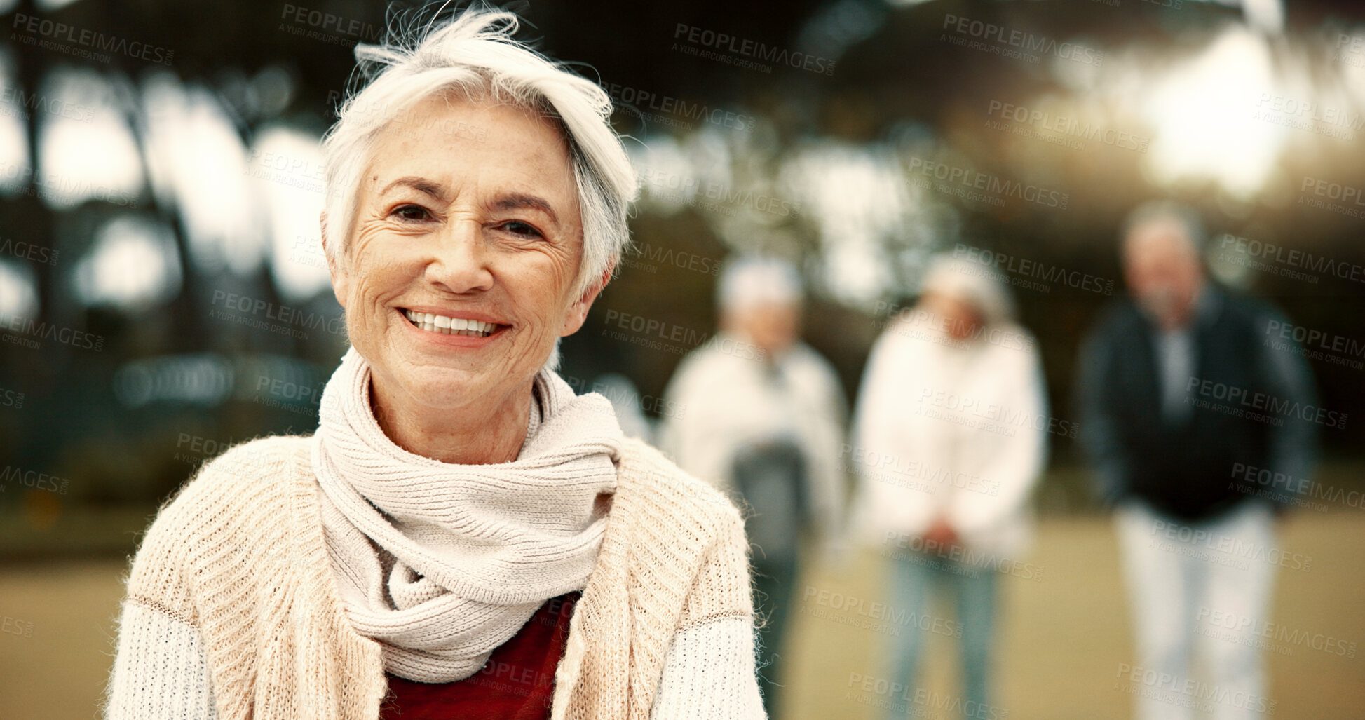 Buy stock photo Face, senior woman and smile in nature on vacation, holiday or travel in winter. Portrait, happy and elderly person in the countryside, park or garden for wellness, freedom or fresh air in retirement